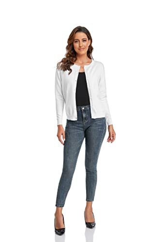 Cunyi Women's Crew Neck Cardigan Long Sleeve Sweater For Women Button Down Soft Knit Ladies Cardigan Sweates Coat, Pure White M #TOP5