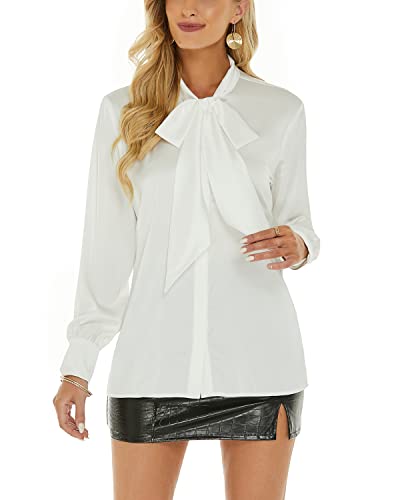 Women's Satin Blouse Long Sleeve Bow Tie Neck Button Down Shirts Casual Office Work Blouse Tops White XS — view 3