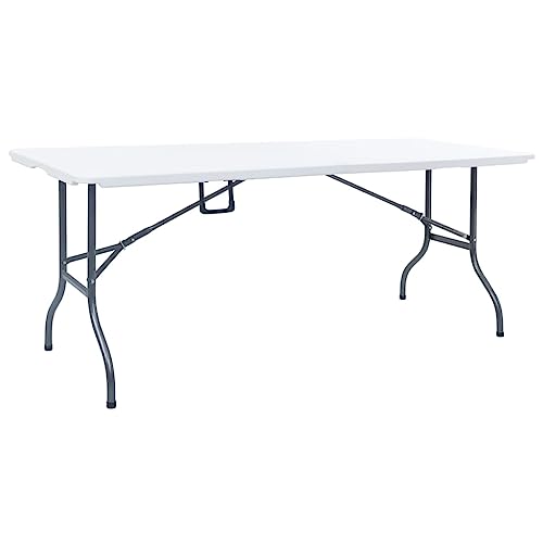 Owoxanthellate Mesa plegable de 180 x 72 cm, acero blanco y HDPE, plegable hasta 110 kg de carga, mesa de camping, mesa de jardín, ahorro de espacio, asa para balcón, jardín, fiesta, pícnic al aire