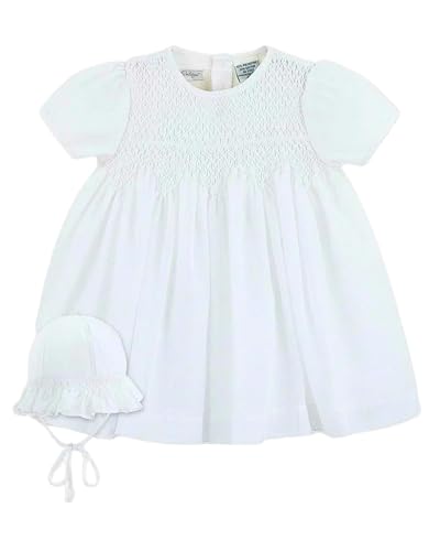Carriage Boutique Baby Girls Christening Baptism Hand Smocked Dress Embroidered Flowers with Matching Bonnet