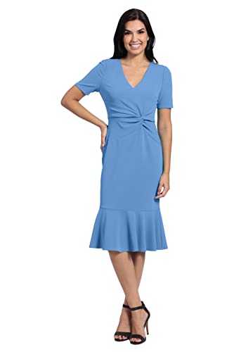 Image of London Times Women's V-Neck Dress - Flounce Hem, Twist Waist, Elegant Office & Event Wear