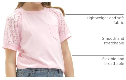 Image of Girls Summer Short Sleeve Shirts Lace Casual Cute Crew Neck Solid Color Blouses Tops Sizes 6-15 Years