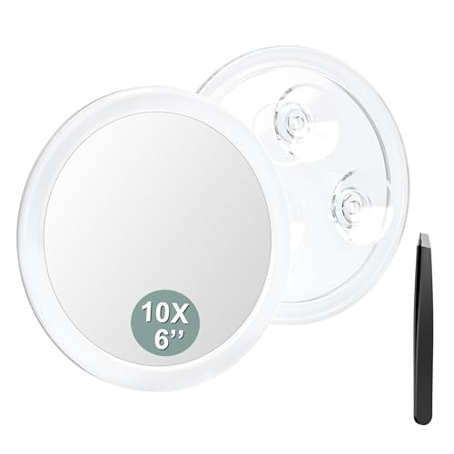 Auxmir 10X Espejo de Maquillaje 15cm con 3 Ventosa, Espejo de Aumento para Pared Baño, Espejo Portátil Redondo para Viaje, Transparente