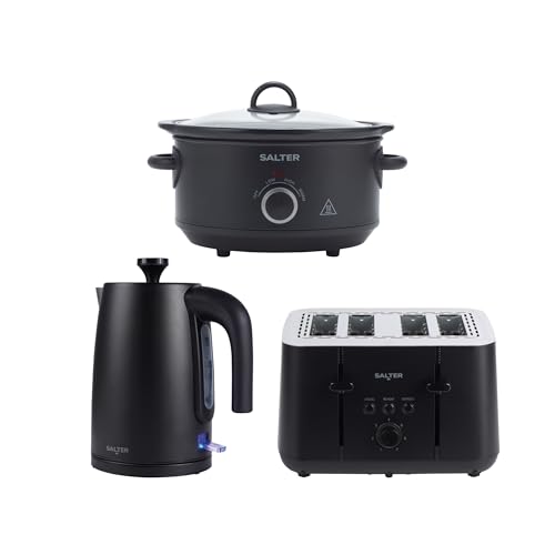 Salter Kuro Kitchen Appliance Set - 1.7L 3KW Jug Kettle, 4-Slice Toaster, and 3.5L Electric Slow Cooker, Matching Kitchen Appliance Set, Sleek Matte Black Design