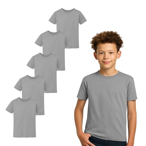 Boys & Girls T-shirts For Kids (Pack of 5) | Cotton, Plain, Short Sleeve, Comfortable & Durable Tops in MultiColor | Best For School, Sports, Travel & Outdoor Activities | Sports Grey , 7-8 Yrs