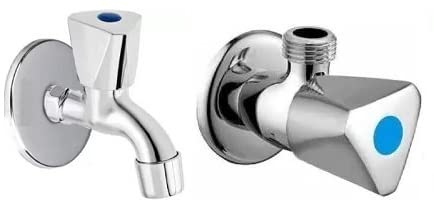 Spazio Stainless Steel Triangle Angle Valve with Bib Cock Combo Pack Foam Flow Water Taps with Wall Flange (Pack of 1) (Chrome Plated, Brass Disc)