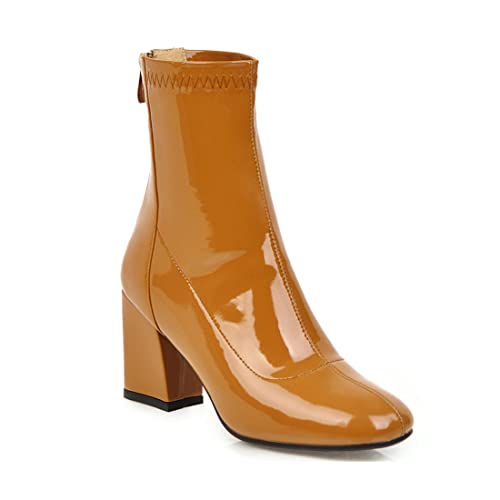 VOKLIN Women's Square Toe Dressy Ankle Boots Patent Leather Zipper Chunky High Heel Western Short Booties