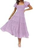 ZESICA Women's 2025 Summer Square Neck Short Puff Sleeve Solid Color High Waist Casual Smocked Flowy A Line Tiered Midi Dress,Lightpurple,Medium