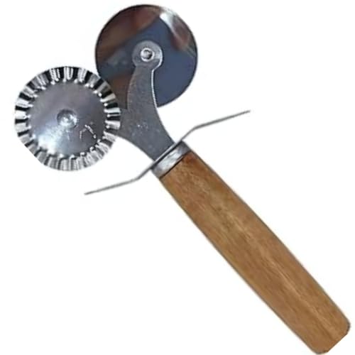 Çift Taraflı Paslanmaz Çelik Hamur ve Pizza Kesici, Tırtıklı ve Düz Bıçaklı, Ergonomik Ahşap Saplı