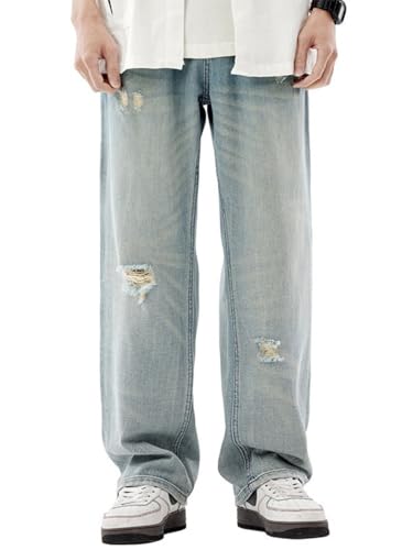 Jeans Pants Trousers Denim Summer High Street Ripped Men's Loose and Comfortable Straight Through Casual