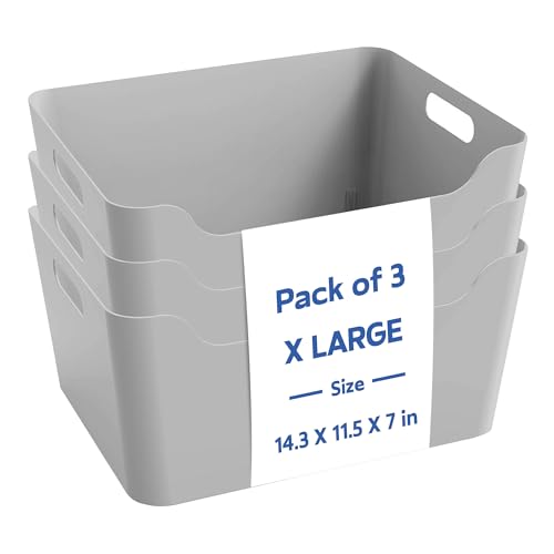 Image of KOLORR Jolly Plastic XL Baskets with Handle for Storage Box| Multipurpose Light Weight Plastic Baskets organiser for Clothes Toys Stationary Cosmetics Livingroom Bathroom | Pack of 3 - Grey