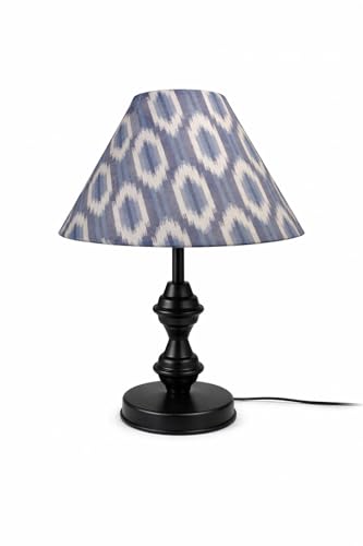 Image of tu casa Modern Table Lamp with Crimson Floral Satin Shade | Metal Iron Base Decorative lamp for Living Room| Designer Table Lamp for Gifting (Indigo ikkat Glow)