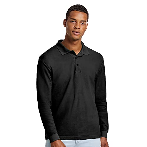 Polo Manga Larga para Hombre algodón 100% Cuello Acanalado y Tres Botones - Camiseta Moda Casual y Deportiva Transpirable (Negro, 2XL)
