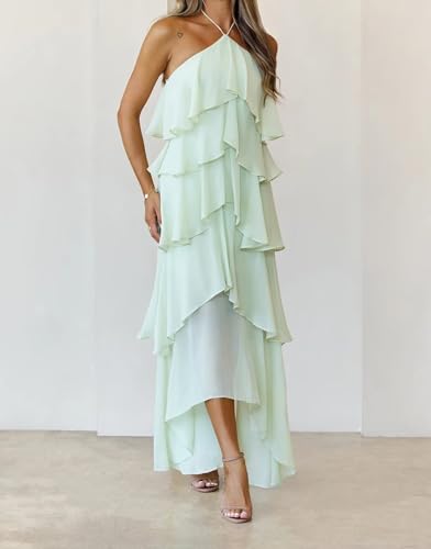Halter Ruffles Bridesmaid Dresses Chiffon Tiered High Low Sleeveless Pleated Long Formal Party Evening Gowns3
