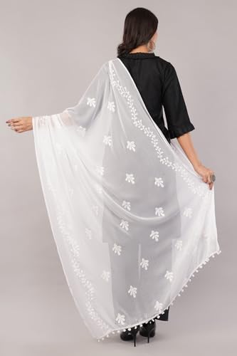 Image of White Embroidered Chiffon Dupatta for Women | Soft Flowing