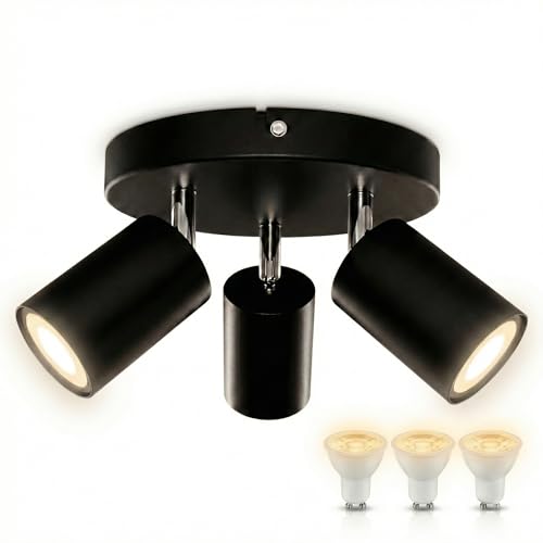 Yiahin Plafonnier 3 Spots Rond Noir, Avec 3 Ampoules GU10 LED 4000K Blanc Neutre. Spot Plafond Orientable Métal, Kit Complet Prêt à Poser pour Cuisine,...