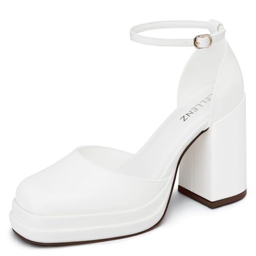 Women Chunky High Heels: Comfortable Ankle Strap Platform Pumps, Dress Wedding Shoes Party Bridal Graduation Pumps Black White Hot Pink Size 6-11