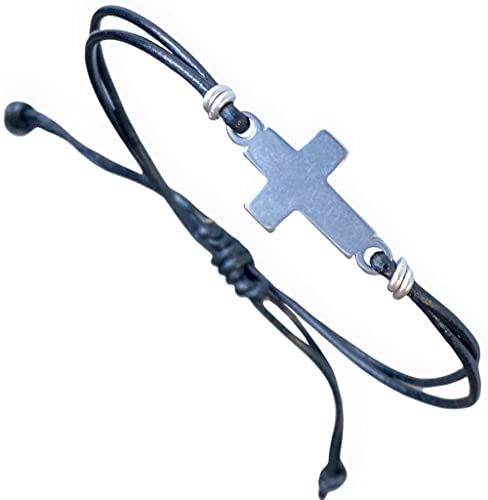 Christian Men's Leather Bracelet With Silver-tone Sideways Cross Thin Minimalist Cuff, Wristband Custom Handmade Christmas Gift