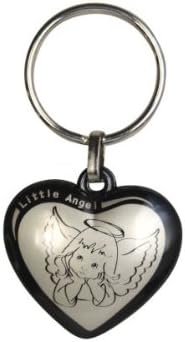 Small Plain Silver Angel Key Chain. Heart, Black Stone, GSD 7 cm