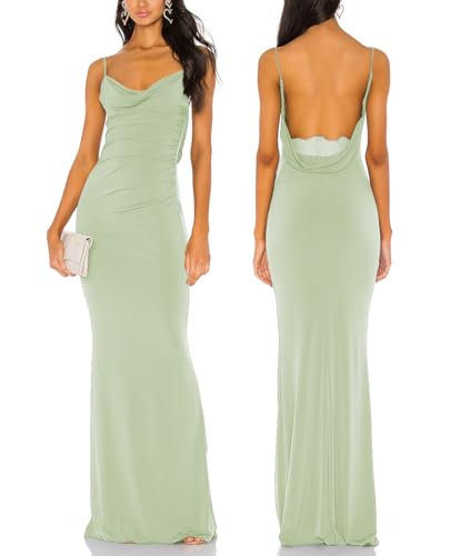 Image of Aigeman Women Spaghetti Straps Mermaid Evening Gown Wedding Guest Dress Drape Neck Lace Backless Formal Maxi Dress 21