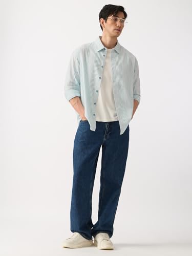 Image of The Souled Store Seersucker: Men and Boys Long Sleeve Spread Collar Striped Lightweight Easy to Style Everyday Office Wear Cotton Relaxed Shirt