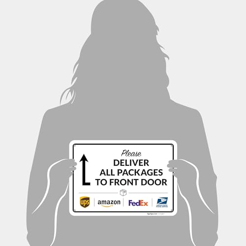 Image of Package Delivery Sign, Delivery Instructions Deliver All Package to Front Door Up Arrow Sign, 10x7 Inches, Rust Free .040 Aluminum, Fade Resistant, Made in USA