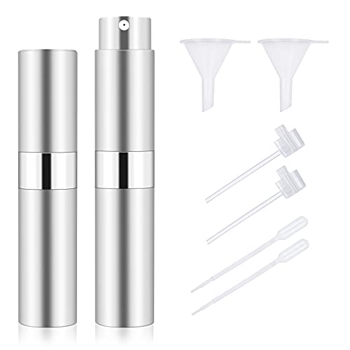 Molain 8ml Portable Mini Perfume Atomizer bottles, Empty Refillable Spray Bottle with 3 Types of Refill Tools, Twist Type Pocket Perfume Bottles for Travelï¼ˆ2Pcs, Silverï¼‰