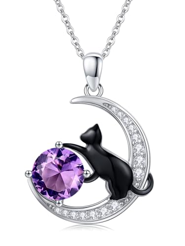 [StoryMidir] 猫 ネックレス 2月 誕生石 ペンダント 紫 シルバー925 金属アレルギー対応 ネコ 可愛い ペンダント 月 アニマル 黒猫 チェーン付き 45+5cm ねこ アクセサリー ジュエリー 女性 贈り物 ギフト 誕生日 プレゼント クリスマス ホワイトデー バレンタイン 記念 入学祝いのサムネイル