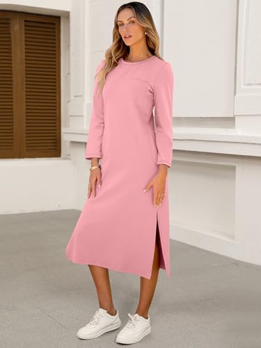 Image of ANRABESS Womens 3 /4 Sleeve Midi T Shirt Fall Dresses | Striped Solid Floral,Long Sleeve Slit Crew Neck &Chest Pocket,2026 Fall Outfits,Casual Travel Vacation Clothes,Summer Spring