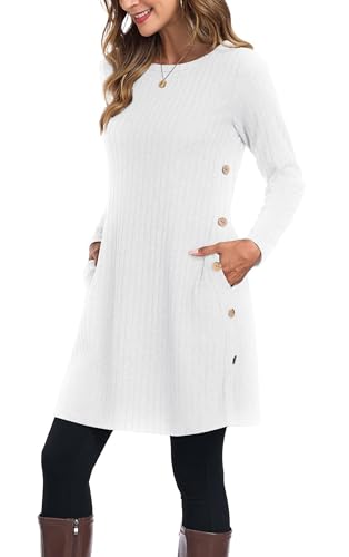 GRECERELLE Herbstkleid Winterkleid Strickkleid Damen Langarm Kleid Tunika Kleid Jumper Kleid mit Knöpfen und Taschen (Weiß, M)
