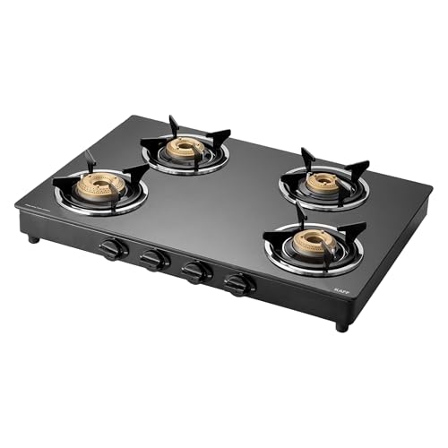Image of KAFF CTC 69 4B Gas Stove /Cooktop 4 Burners with Manual Ignition 69 CM, High Efficiency Brass Burners, Black Tempered Glass, Enamelled Pan Support (Black)