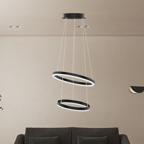 Pendant Lights for Kitchen Island, Modern LED with 2 Ring Black Ceiling Adjustable Hanging Fixture for Dining Living Room Bedroom (6000K, 50W)