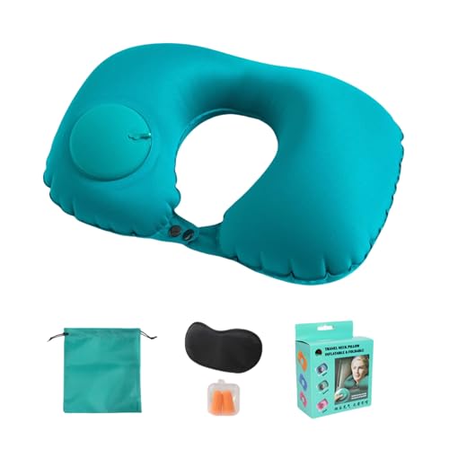 Axvxby Almohada de viaje, almohada cervical inflable, almohada de viaje, almohada cervical en forma de U, almohada de viaje portátil e inflable con tapones para los oídos, antifaz y bolsa de