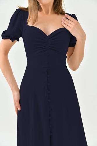 Image of Shasmi Girl's & Women's Solid Midi Dress - Elegant Square Neck Button-Down Dress with Puff Short Sleeves | Stylish Casual & Party & Office Wear Outfit (Dress 105)