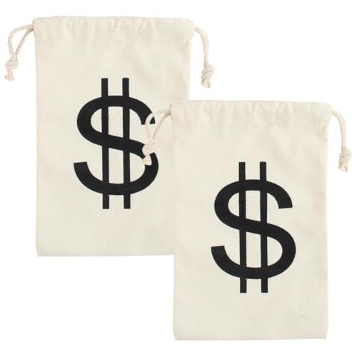 OIXYEY 2 Stück Geldsack Mit Dollarzeichen, Weiß Bankräuber Geldsack, Geldsack Münzbeutel, Dollarzeichen Stoffsack, Dieb Kostüm Zubehör Für Karneval Halloween Cosplay 20 X 25Cm
