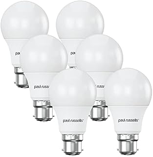 paul russells B22 Bayonet Cap LED Bulbs - Pack of 6  9W 60W Equivalent 806LM Lumens 2700K Standard BC GLS  Super Bright Energy Saving Bulb Non-Dimmable - Warm White Frosted