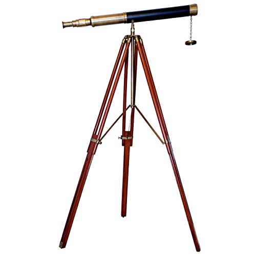 Antique Brass Finish Single Barrel Telescope Sky Watcher Wooden Tripod Stand Marine Nautical Decorative, Functional at Balcony Lawn Telescope 27
