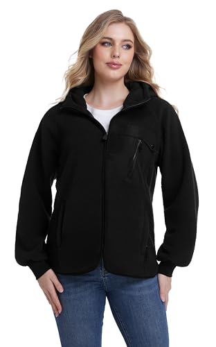 Mnking Damen Fleecejacke mit Kapuze Dicke Warme Polar Fleece Jacke Winter Full Zip Hoodie Winddicht Winterjacke für Outdoor Laufen Wandern Ski FS5563W-Black-XL