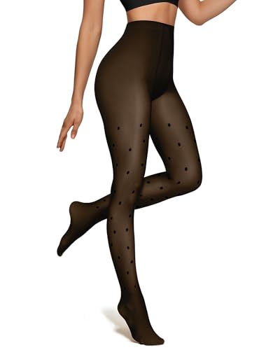 Image of OEAK Womens Fleece Lined Tights Fake Translucent Pantyhose Thermal Opaque High Waisted Winter Legging Footed Sheer Tights 300g Fake Translucent Black Dots S /M