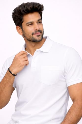 Image of Premium Pique Cotton Pocket Polo T-Shirt for Men | 210-220 GSM | Regular Fit | 2-Button Placket | Soft Breathable Fabric | XS-3XL