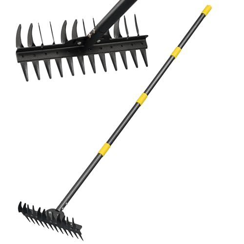 PadPure Metal Garden Rake Heavy Duty 62 Adjustable Handle Bow Rake Dual-Sided Dethatching Thatch Rakes Garden Tool for Rock Leaves Lawns Landscape Yard Gardening Loosening Soil