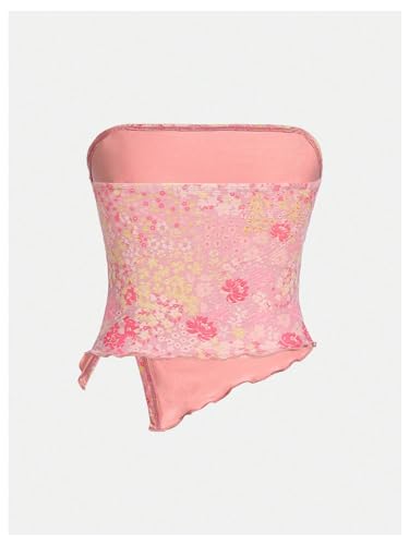 Floerns Girl's Floral Print Ruched Bandeau Mesh Strapless Split Hem Tube Top2