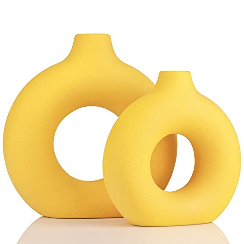 Yellow Vase Decor Donut Vase Set of 2 - Circle Hollow Vases, Mode...