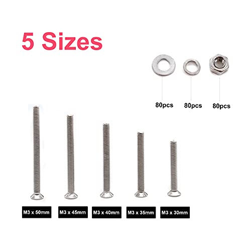 Cseao 340Pcs Flat Phillips Head M3 Screws Nuts Washers Assortment Kit, M3X30Mm/ 35Mm/ 40Mm/ 45Mm/ 50Mm,304 Stainless Steel #TOP2