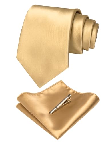Mens Solid Color Formal Necktie and Pocket Square, Tie Clip Sets