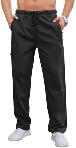 SILKWORLD Sweatpants for Men Zipper Cargo Pockets Joggers Open Bottom Casual Pants for Athletic, Jogging, Black, Medium