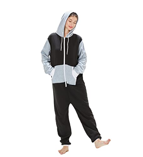 Laahoem Unisex Adult Pajamas Hooded Men Women Jumpsuit Zip Sportwear Black Light Gray Gray Hat M