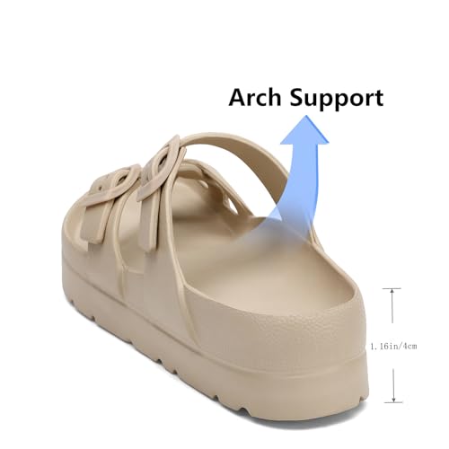 SOSOWHLTE Beige Beach Sandals for Women Comfortable Cloud Slides with Arch Support Adjustable Double Buckle Flat Sandals Size 6.5-7 - Image 2
