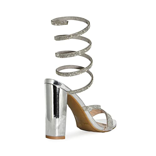 Wild Diva Women's Formal Rhinestone Coil Spiral Ankle Wrap Strap High Chunky Block Heels Morris-5674
