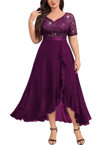 Image of Knitee Women's Plus Size Sequin Lace Sweetheart Neck Ruffled Hemline Formal Evening Maxi Dresses